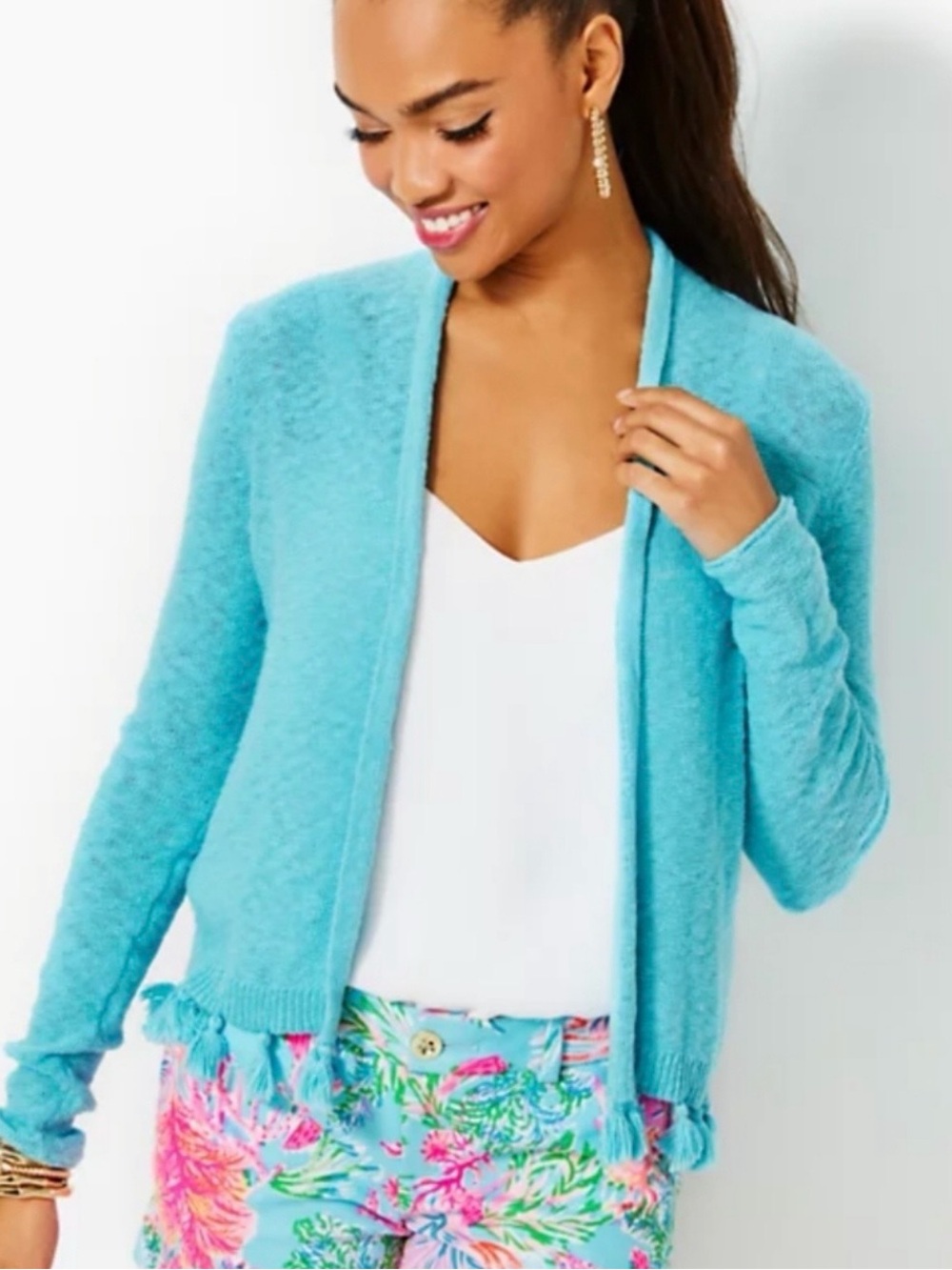 NWT Lilly Pulitzer L/S Faretta Cardigan Tassles Deep Celestial Blue Medium
